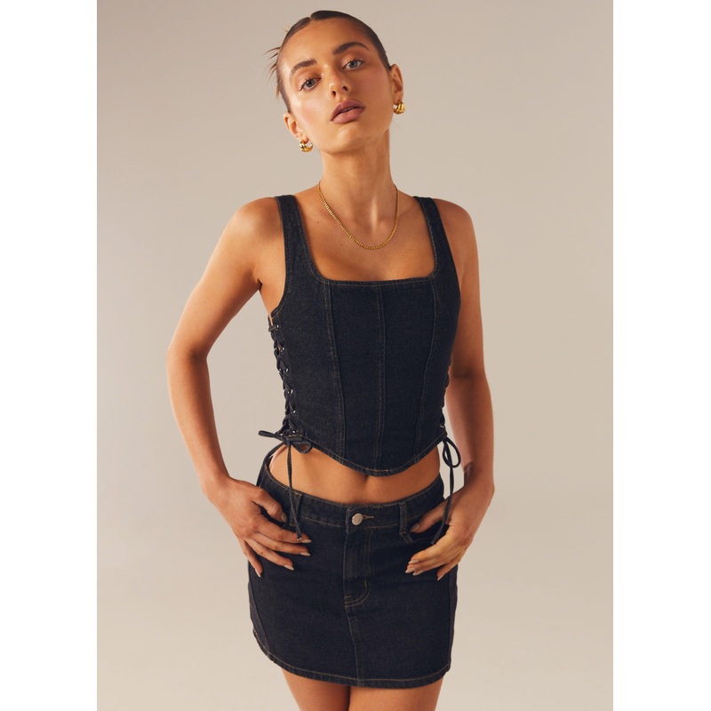 Giddy Up Denim Bustier Top – Black Wash