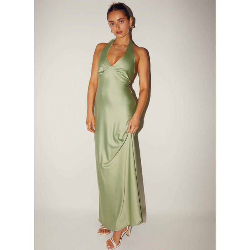 Heavy Hearted Satin Maxi Dress – Sage
