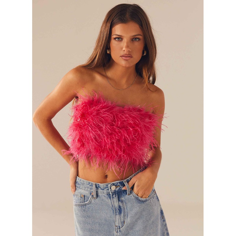 The Night Is Ours Feather Crop Top – Pink Cosmo