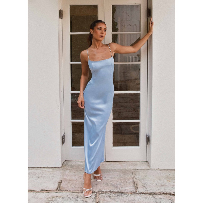 Close To You Satin Maxi Dress – Ice Blue