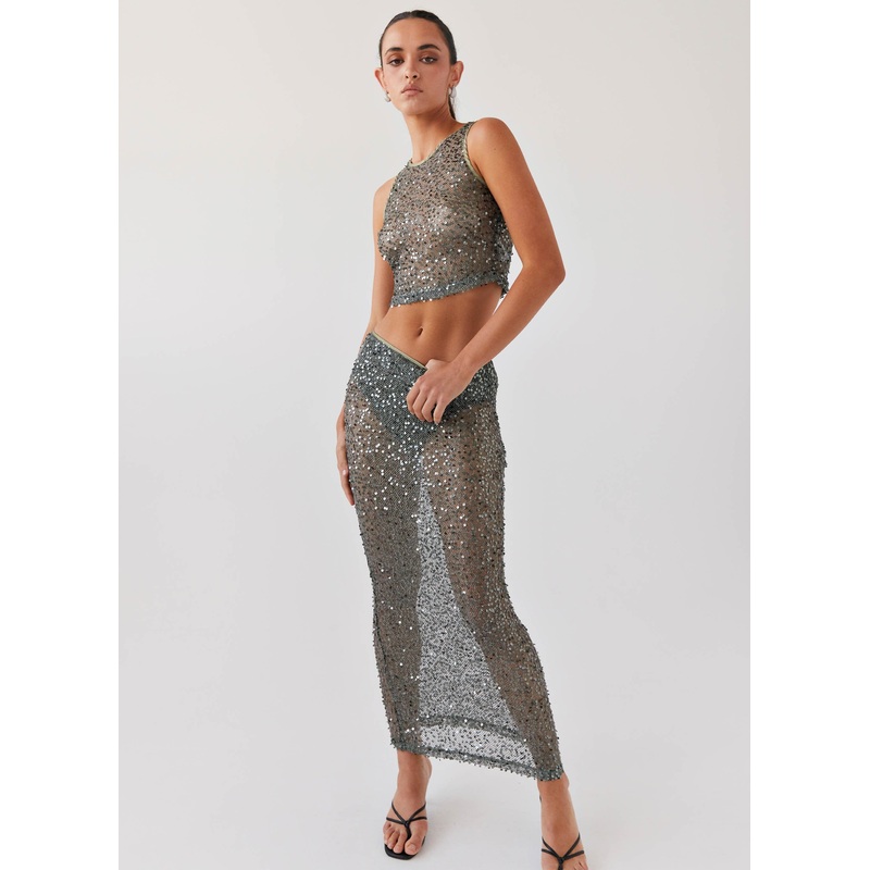 Love Me Harder Sequin Maxi Skirt – Olive Dusk