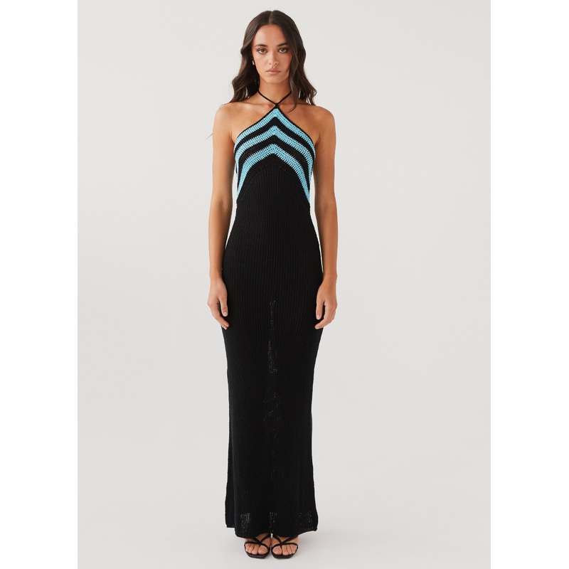 Masterpiece Halterneck Crochet Maxi Dress – Azure Stripe