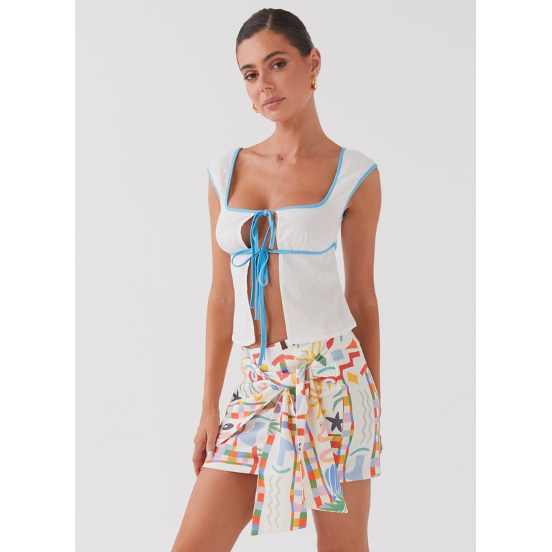 At First Light Linen Wrap Mini Skirt – Summer Palm