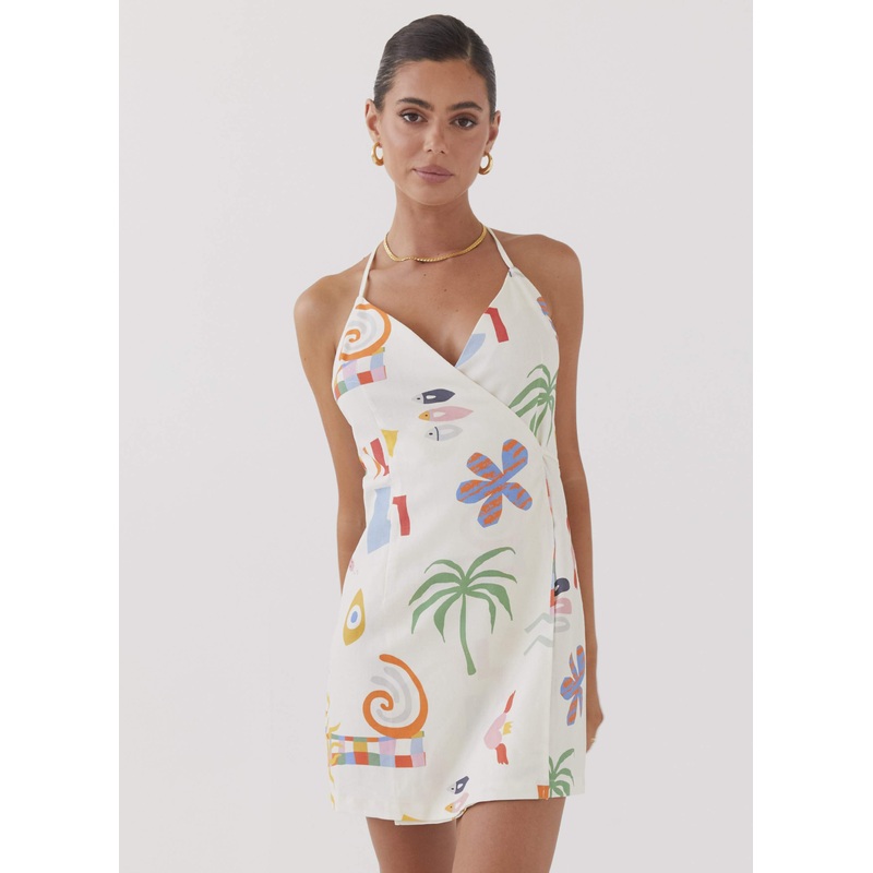 At Last Sunrise Wrap Linen Mini Dress – Summer Palm