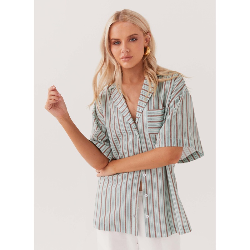 Darcie Oversized Linen Shirt – Coastal Stripe