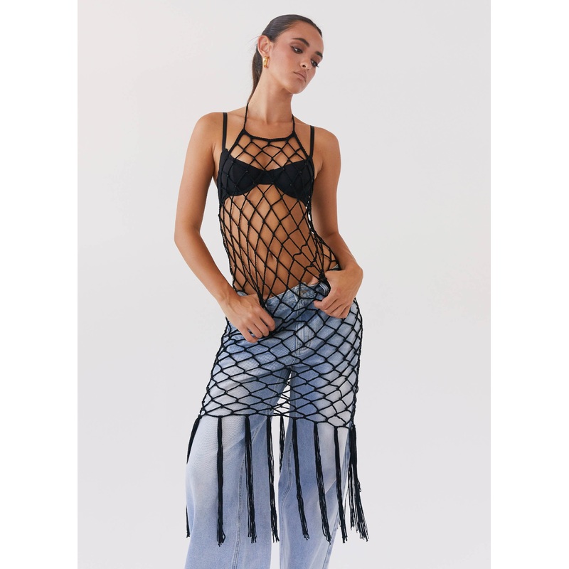 Urban Jungle Net Midi Dress – Black