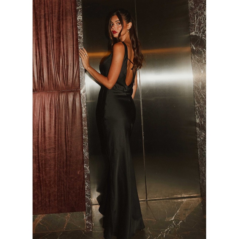 Be Mine Satin Maxi Dress – Black
