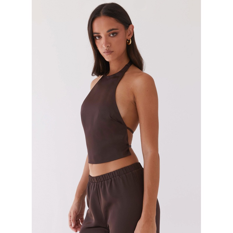 Bree Satin Halterneck Top – Brown