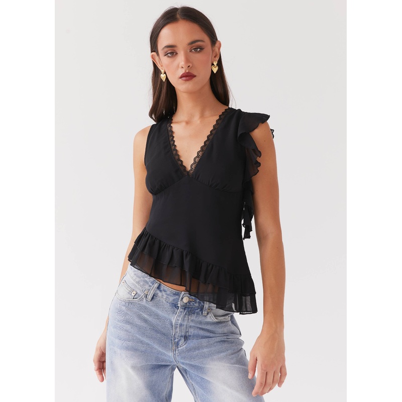 Empress Frill Trim Top – Black