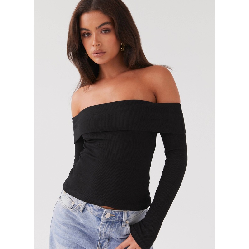 Hayley Long Sleeve Ribbed Top – Black