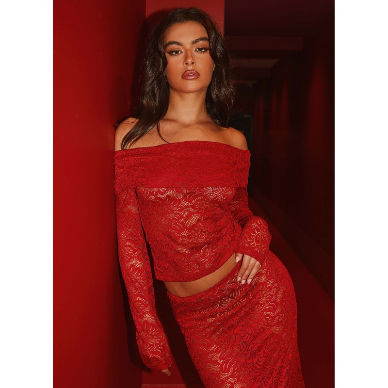 Zephyra Lace Long Sleeve Top – Red