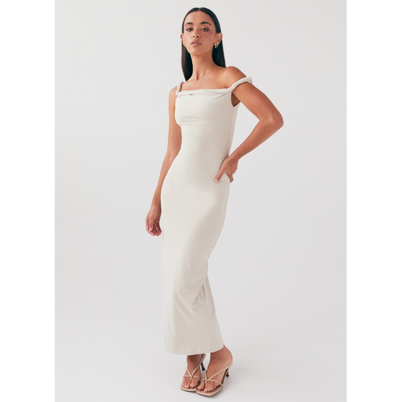 Arabella Twist Shoulder Maxi Dress – Beige