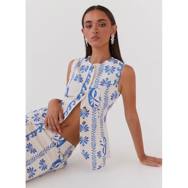 Born For Bordeaux Linen Vest – Floral Wave