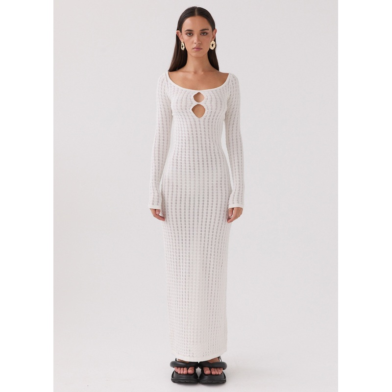 Crystal Cascade Knit Maxi Dress – White