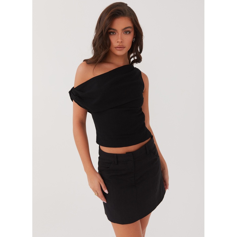 Marissa Linen One Shoulder Top – Black