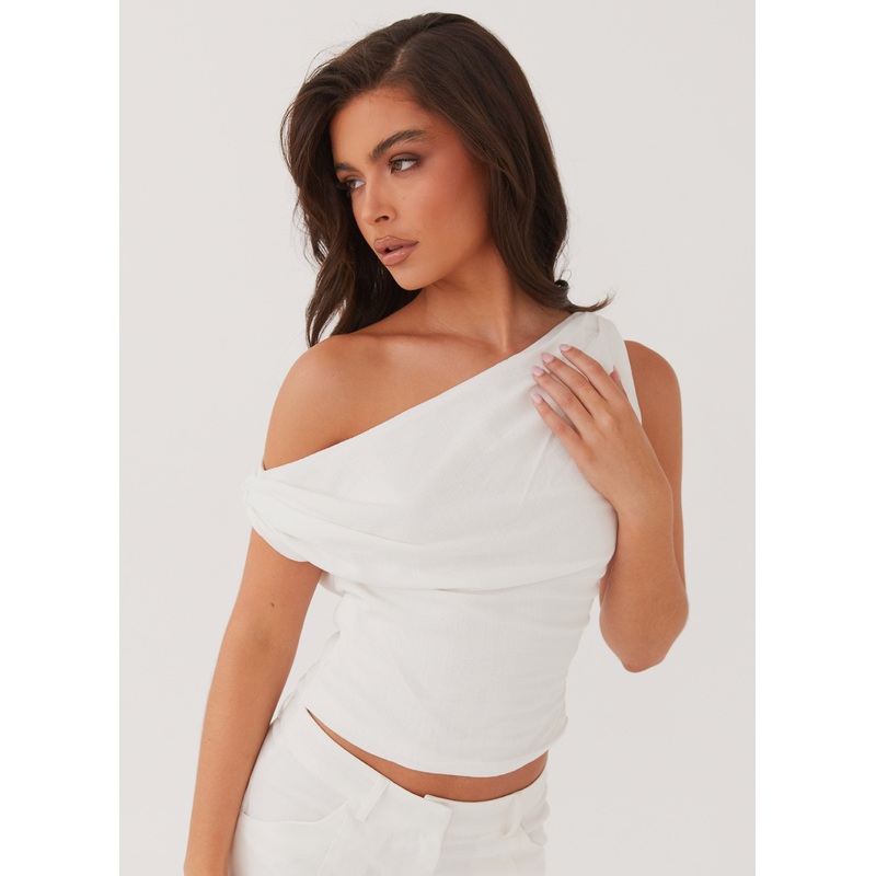 Marissa Linen One Shoulder Top – White