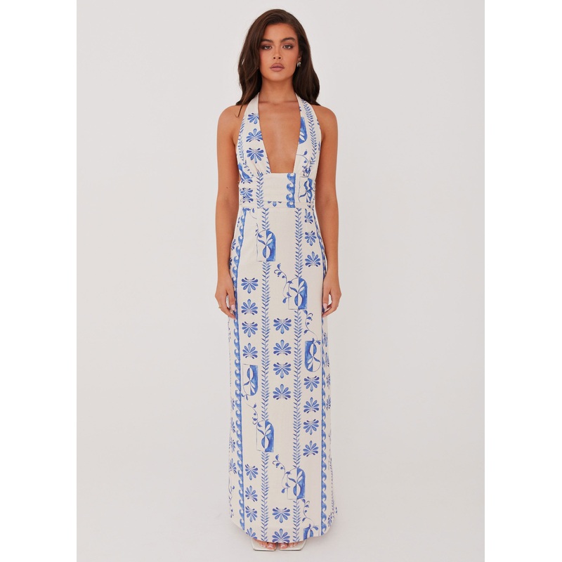 Sky Linen Maxi Dress – Floral Wave