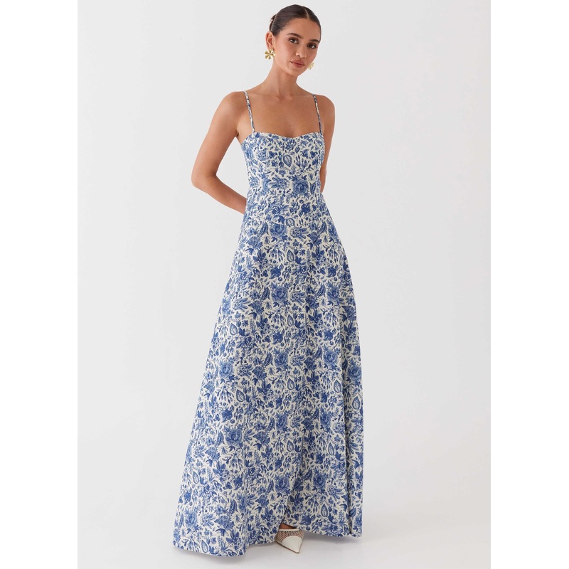 Angelina Linen Maxi Dress – Blue Paisley
