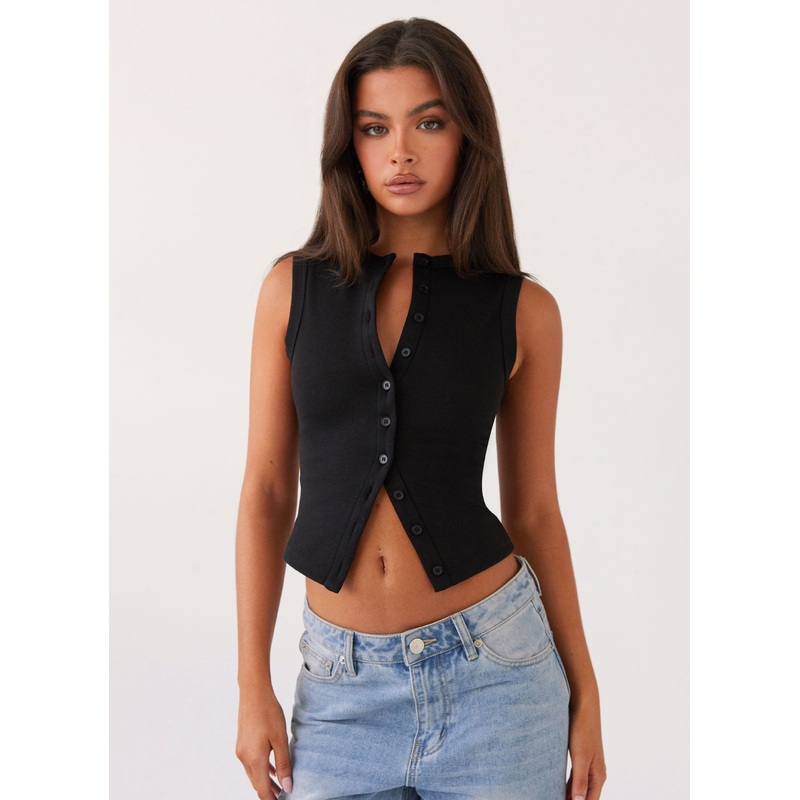 Blair Buttoned Tank Top – Black