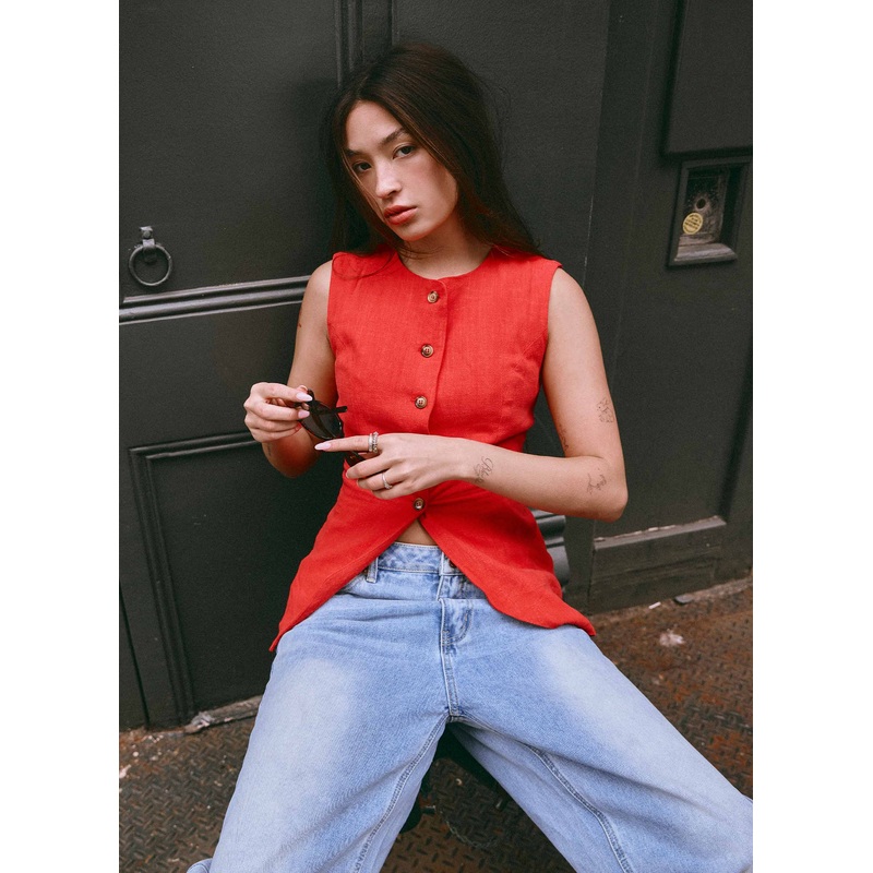 Born For Bordeaux Linen Vest – Poppy Red