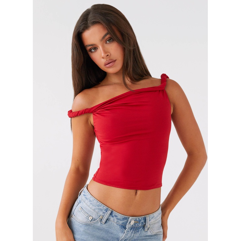 Solace Soul Twist Shoulder Top – Red