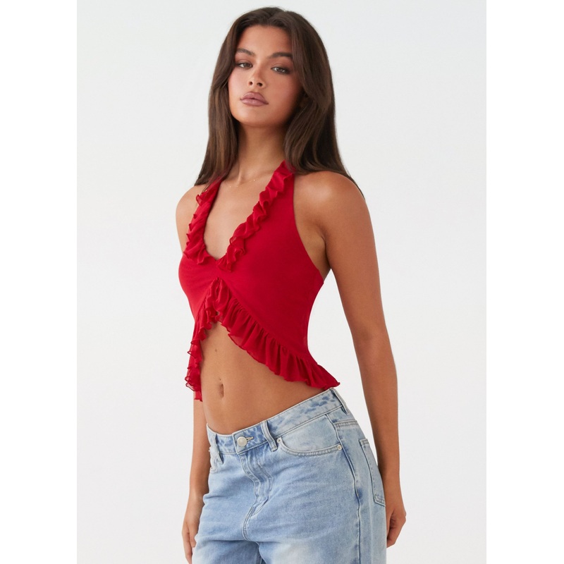 Tanya Mesh Frill Top – Red