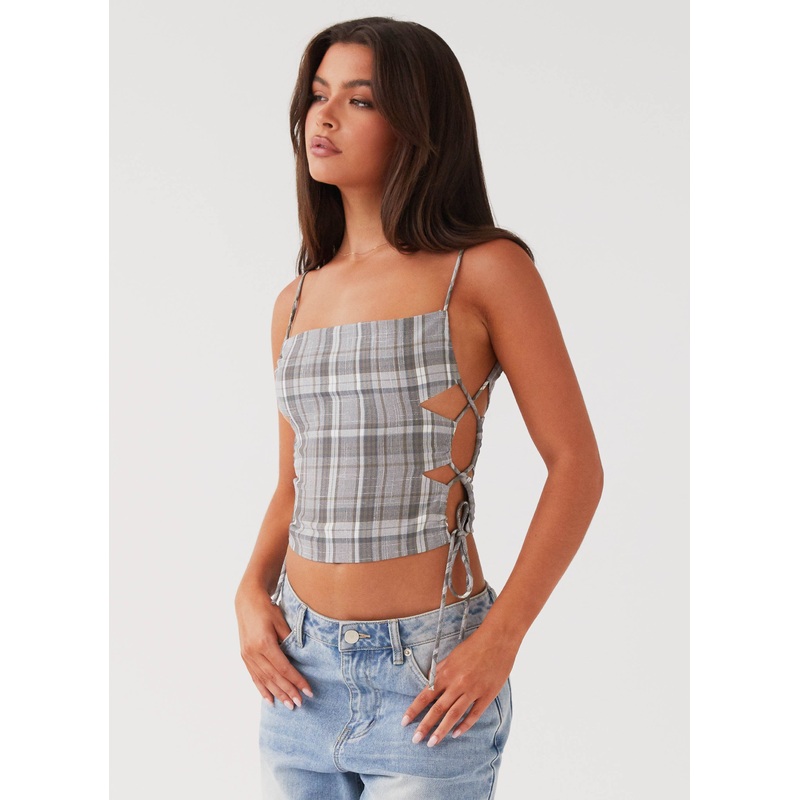 Trista Tie Top – Grey Tartan