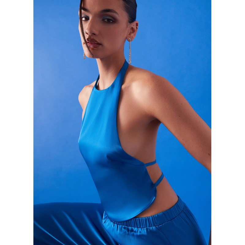 Bree Satin Halterneck Top – Cobalt
