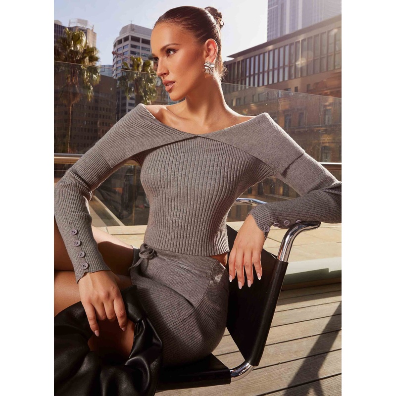 Frankie Arrow Knit Long Sleeve Top – Charcoal