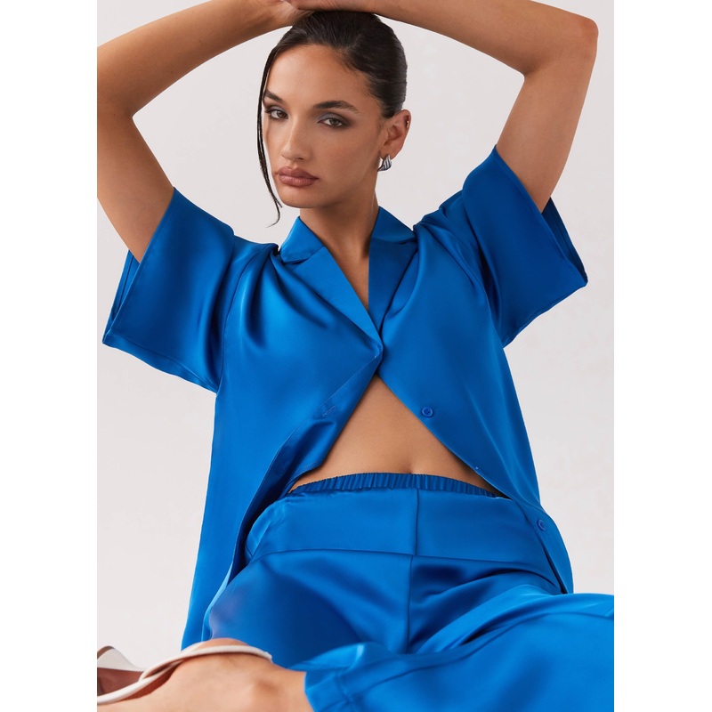 Palm Cove Satin Shirt – Cobalt