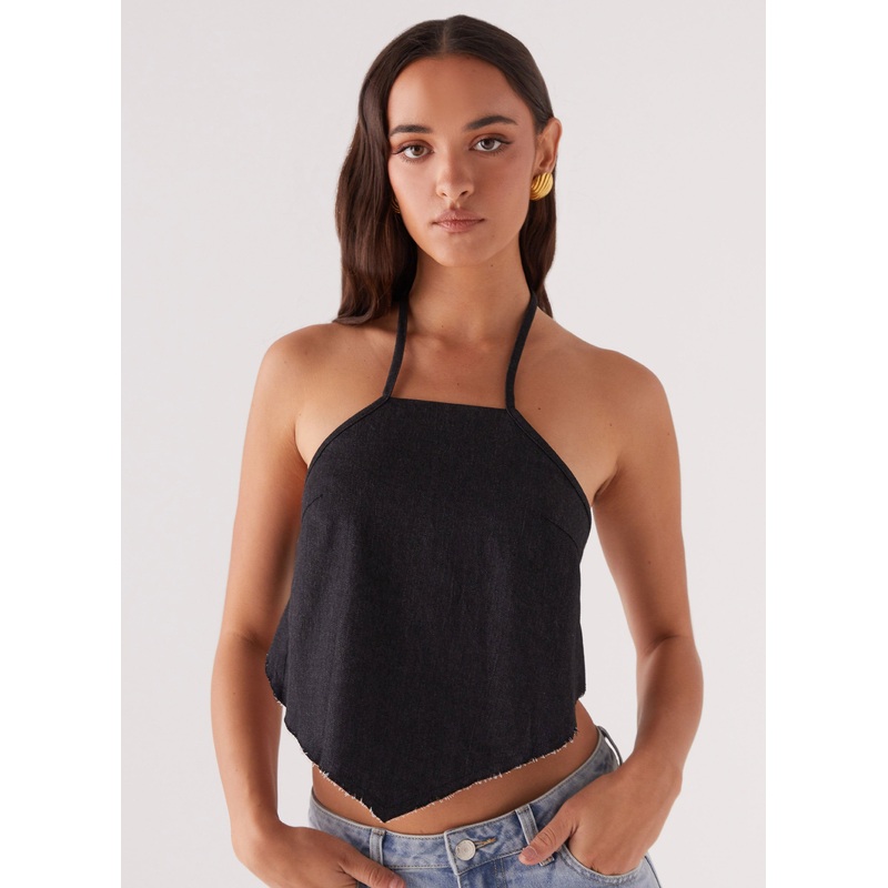 Rexi Halter Denim Top – Washed Black