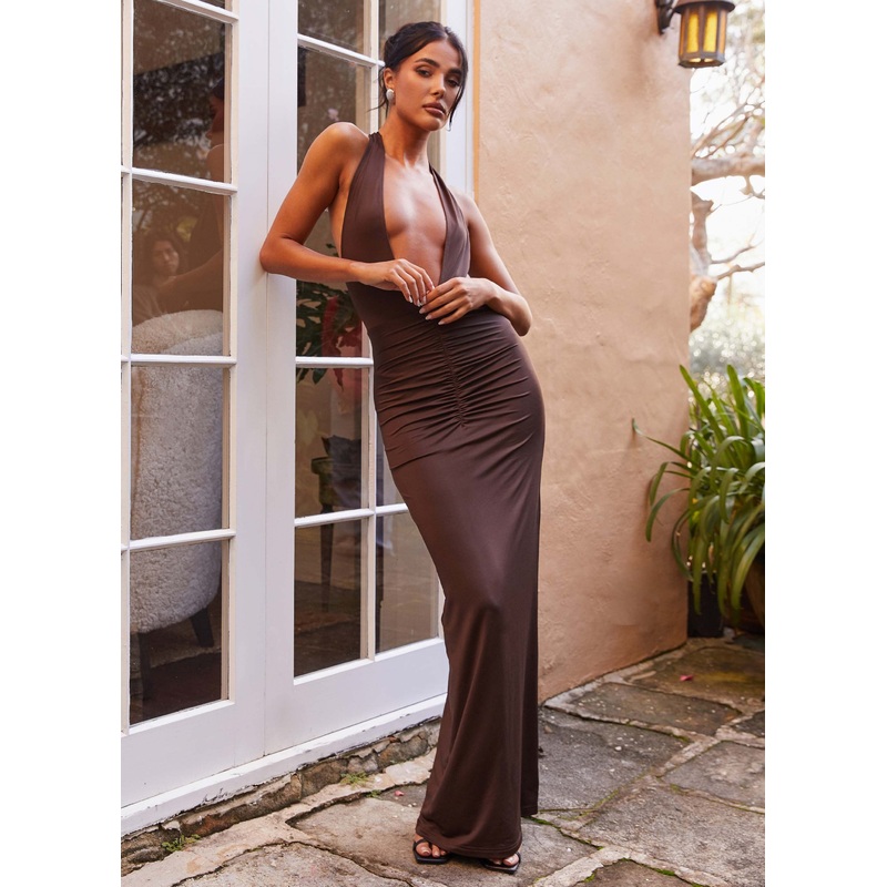 Whisked Away Halterneck Maxi Dress – Chocolate