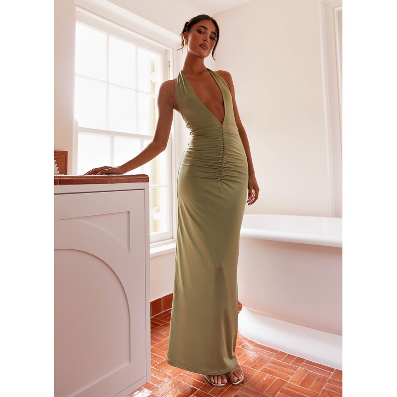 Whisked Away Halterneck Maxi Dress – Olive