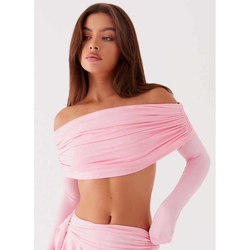 Bardot Long Sleeve Crop Top – Candy Pink