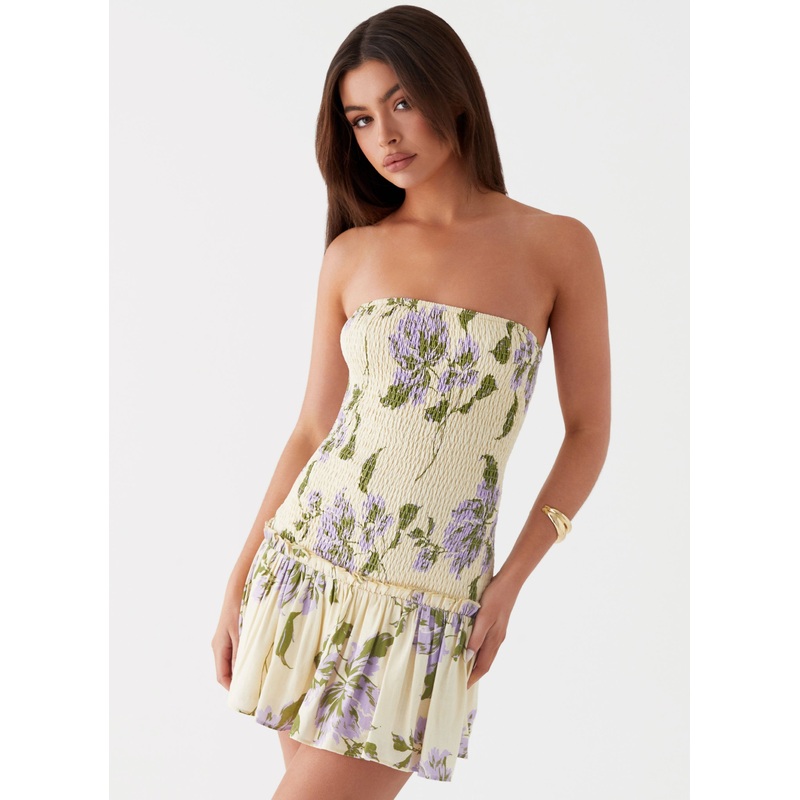 Break From Toronto Linen Mini Dress – Yellow Purple Floral