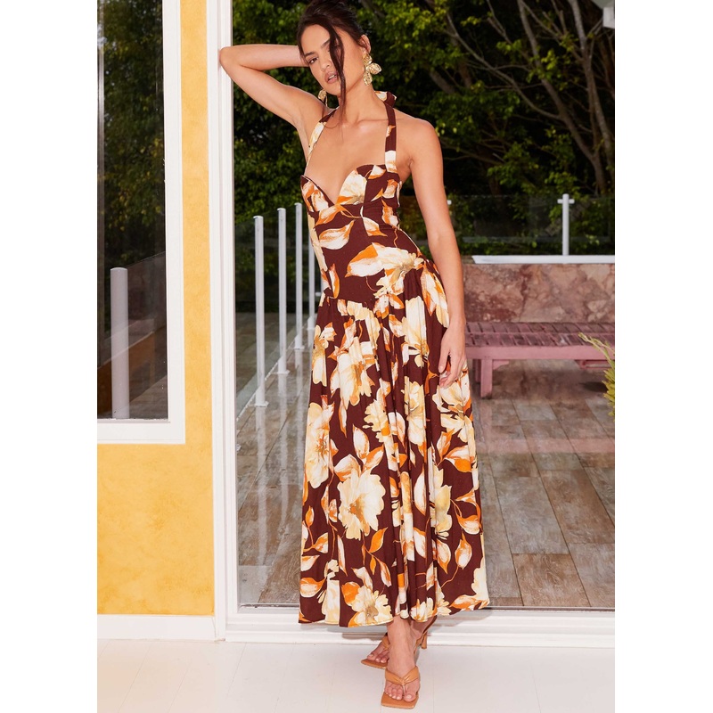 Dahlia Linen Maxi Dress – Brown Floral