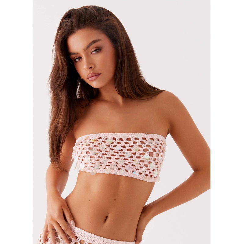 Evissa Crochet Strapless Crop Top – Pink