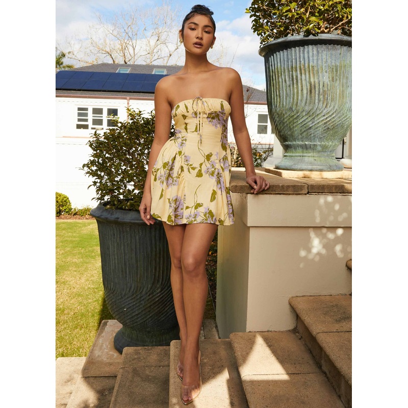 Pardon My French Linen Mini Dress – Yellow Purple Floral