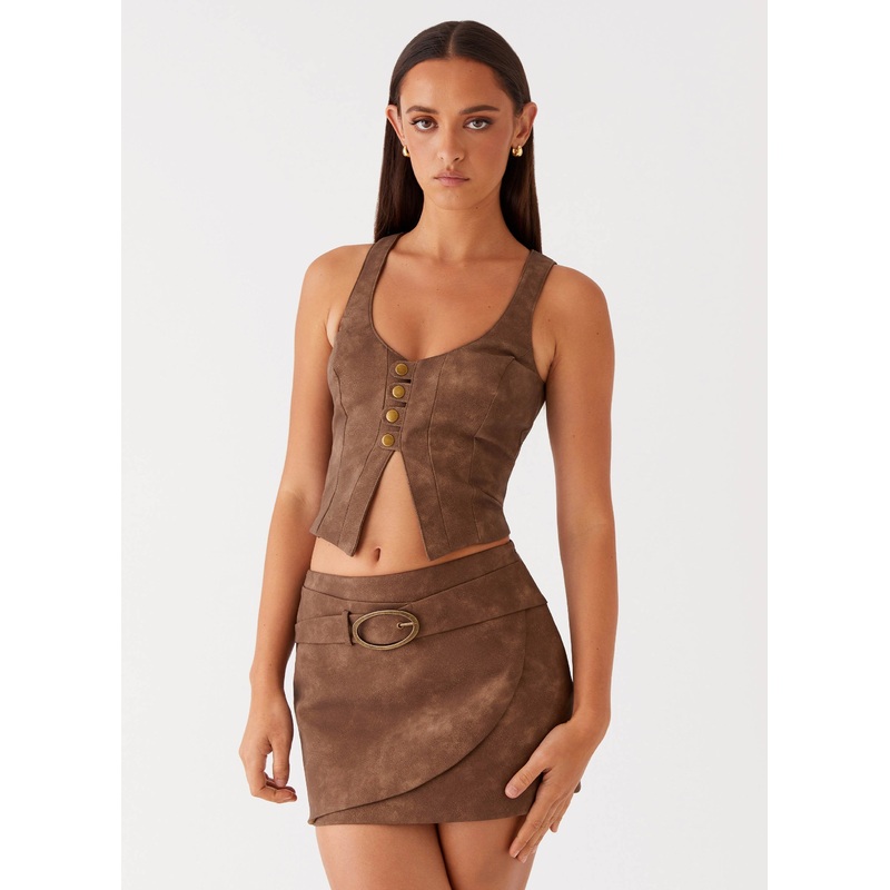 West District PU Mini Skirt – Brown