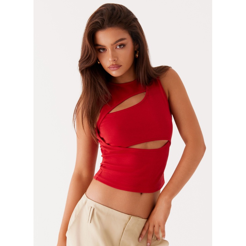 Beyond Cut Out Mesh Top – Red