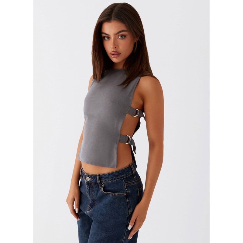 Cherish You Buckle Top – Charcoal