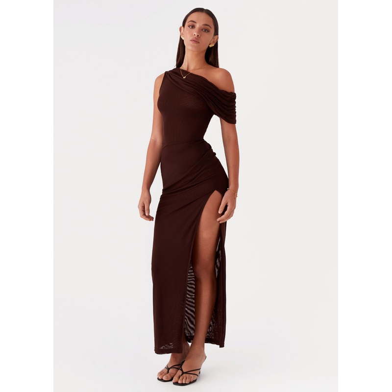 Ciara One Shoulder Draped Maxi Dress – Chocolate