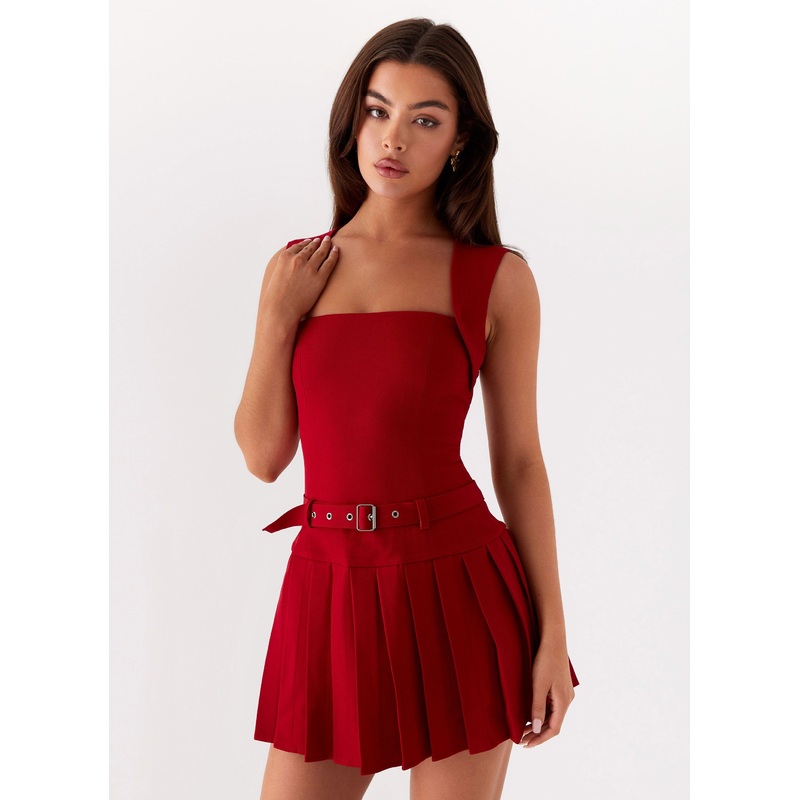 Justina Belted Mini Dress – Red