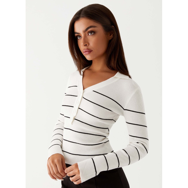 Kelisa Long Sleeve Knit Top – White Stripe
