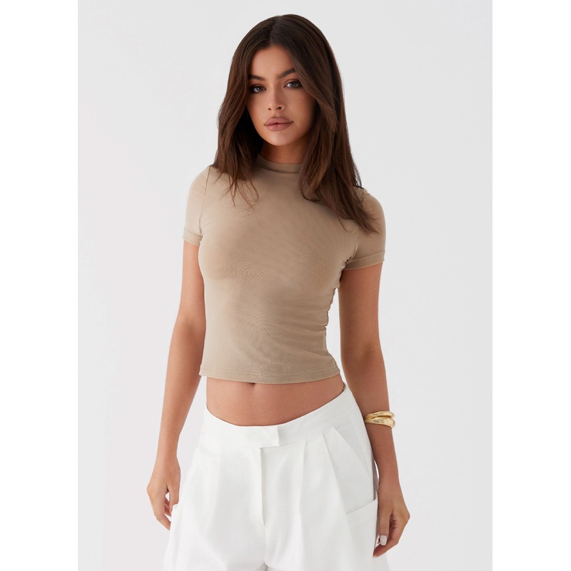 Late Night Mesh Baby Tee – Taupe