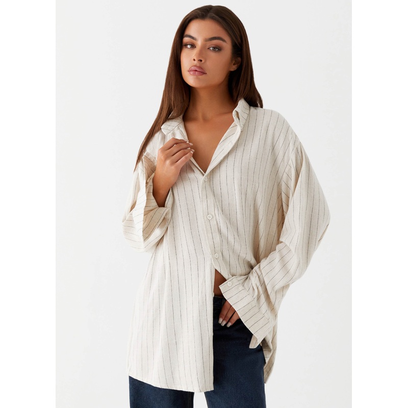 Lockie Oversized Linen Shirt – Oat Pinstripe