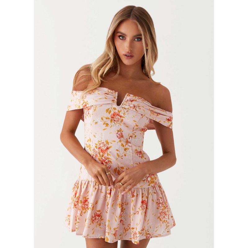 Aries Off Shoulder Linen Mini Dress – Pink Floral