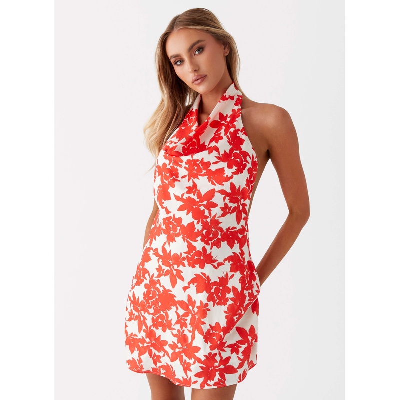 Carmine Bouquet Cowl Neck Mini Dress – Red Floral