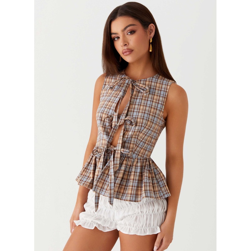 Cyrene Tie Top – Brown Check