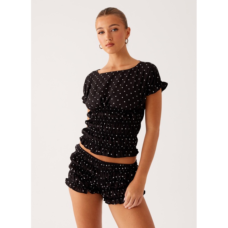 Natalia Ruched Top – Black Polka Dot